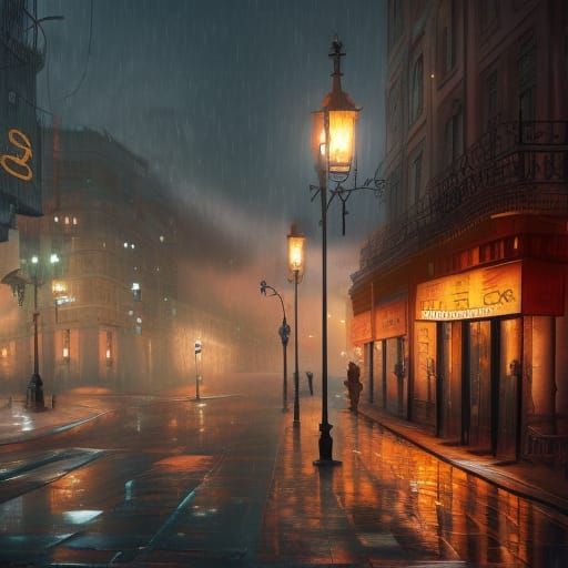 Rainy Cafe Street Scene in Detailed Matte Painting