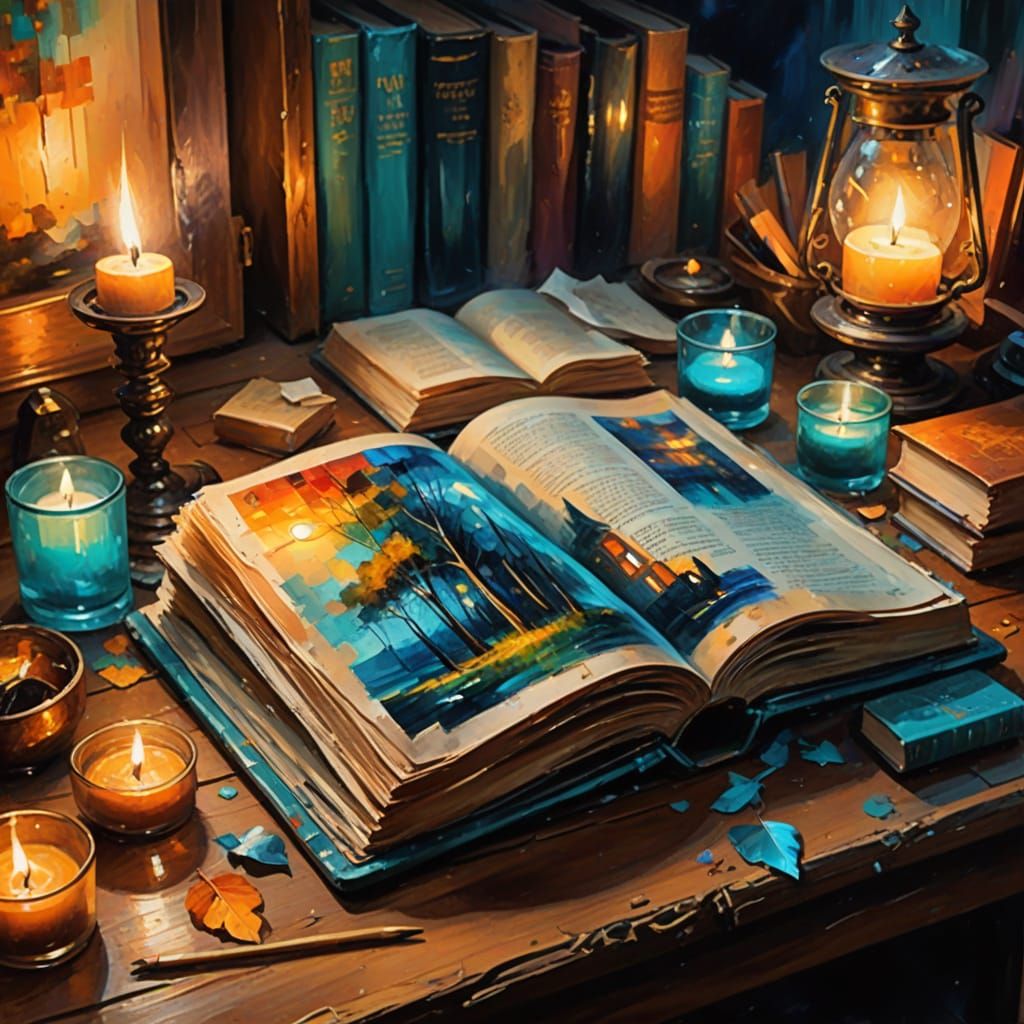 Whimsical Impressionist Scene of a Worn Book and Flickering ...