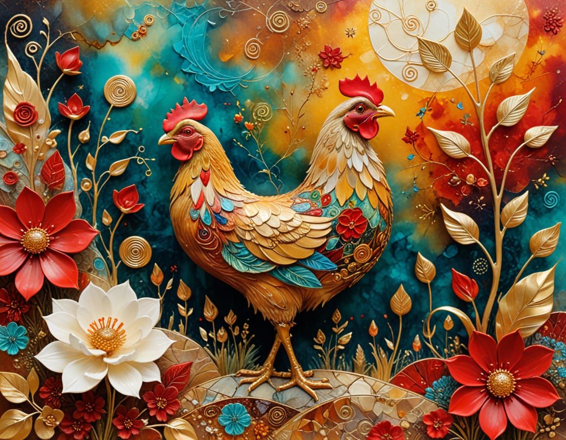 Surreal Chicken and Duckling in Mixed Media Painting
