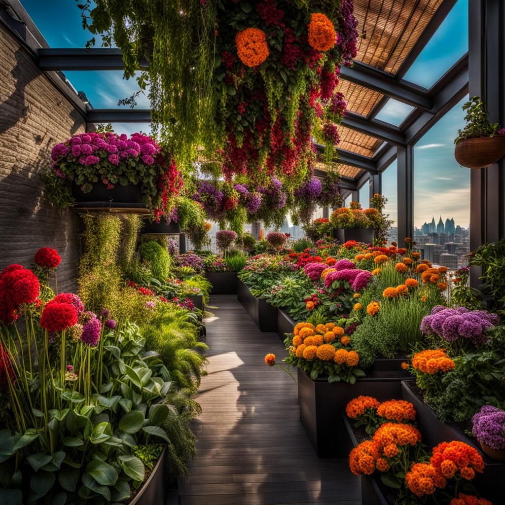 Hyperrealistic Rooftop Garden with Colorful Flowers