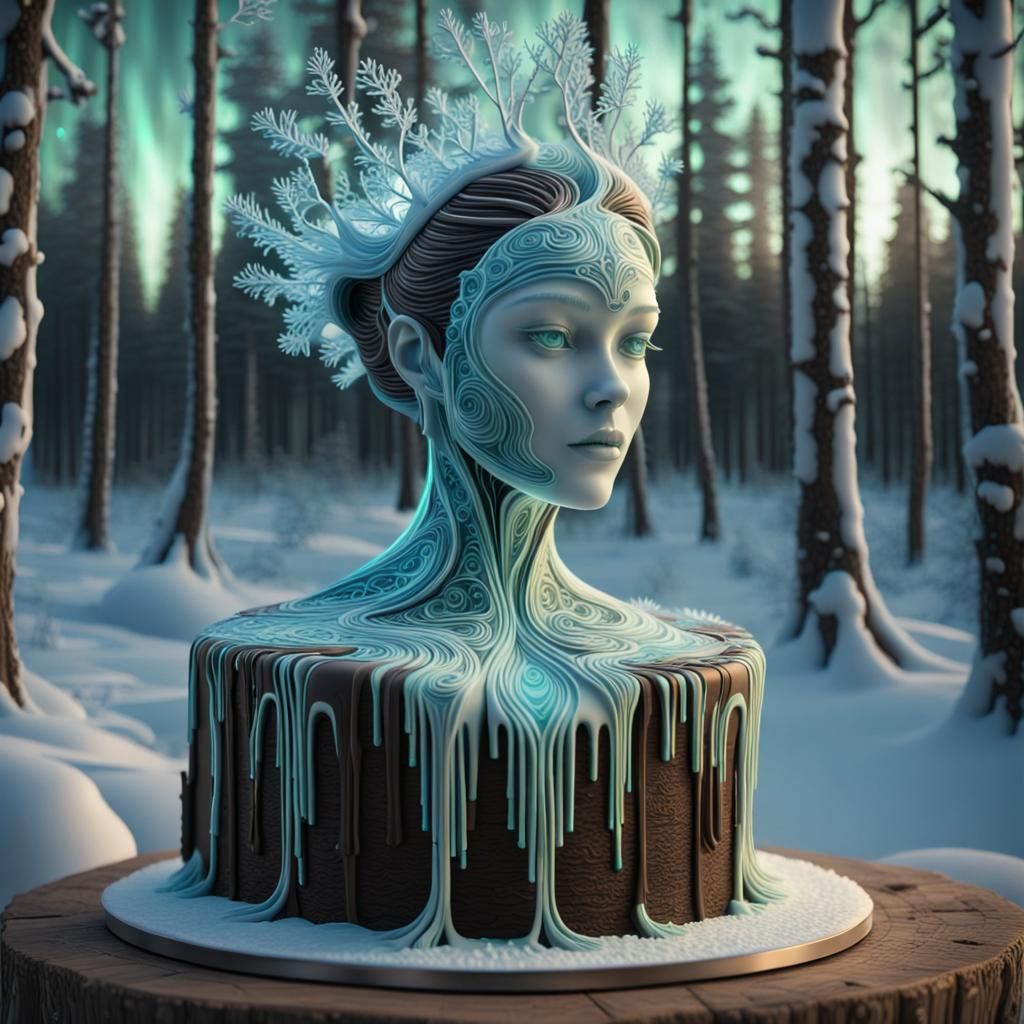 Bioluminescent Cake Sculpture in Winter Forest