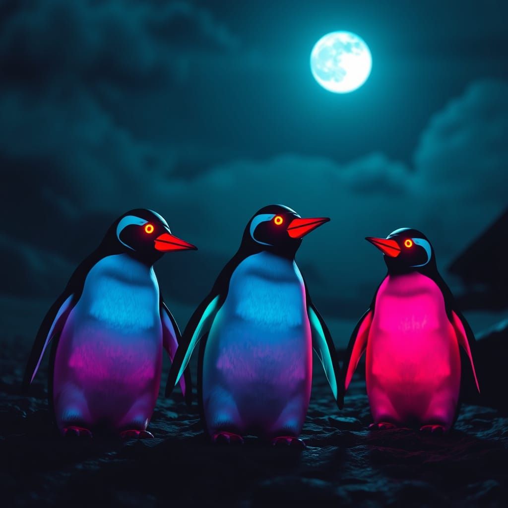 Glowing Neon Horror Penguins in Moonlight