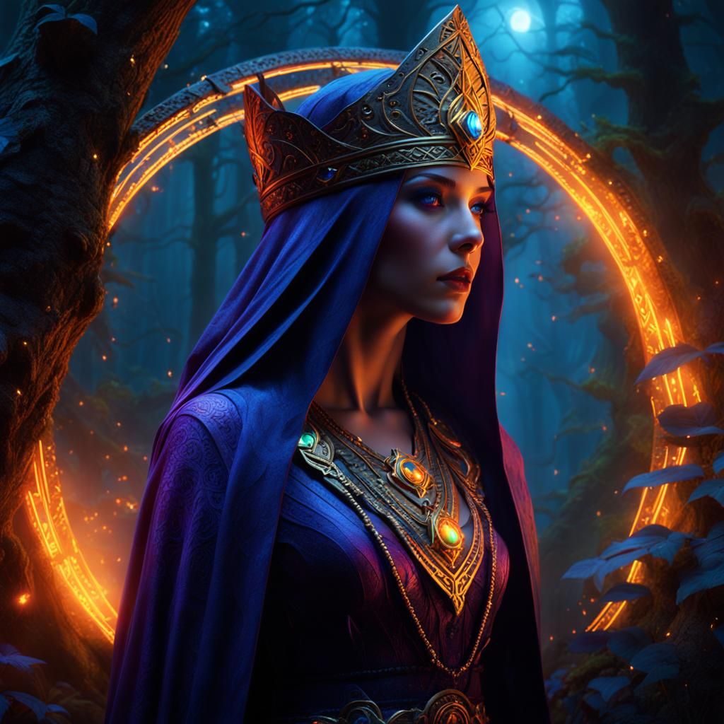 Sorceress at Glowing Portal in Mystical Forest