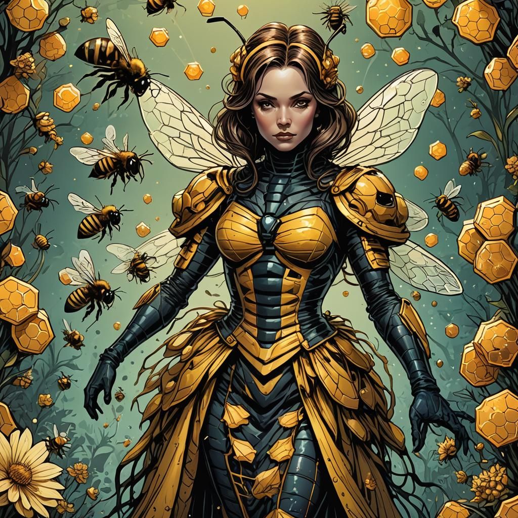 Bee Lady in Honeycomb Dress: Comic Book Art