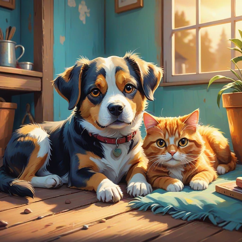 Playful Dog and Cat Portrait in Whimsical Style