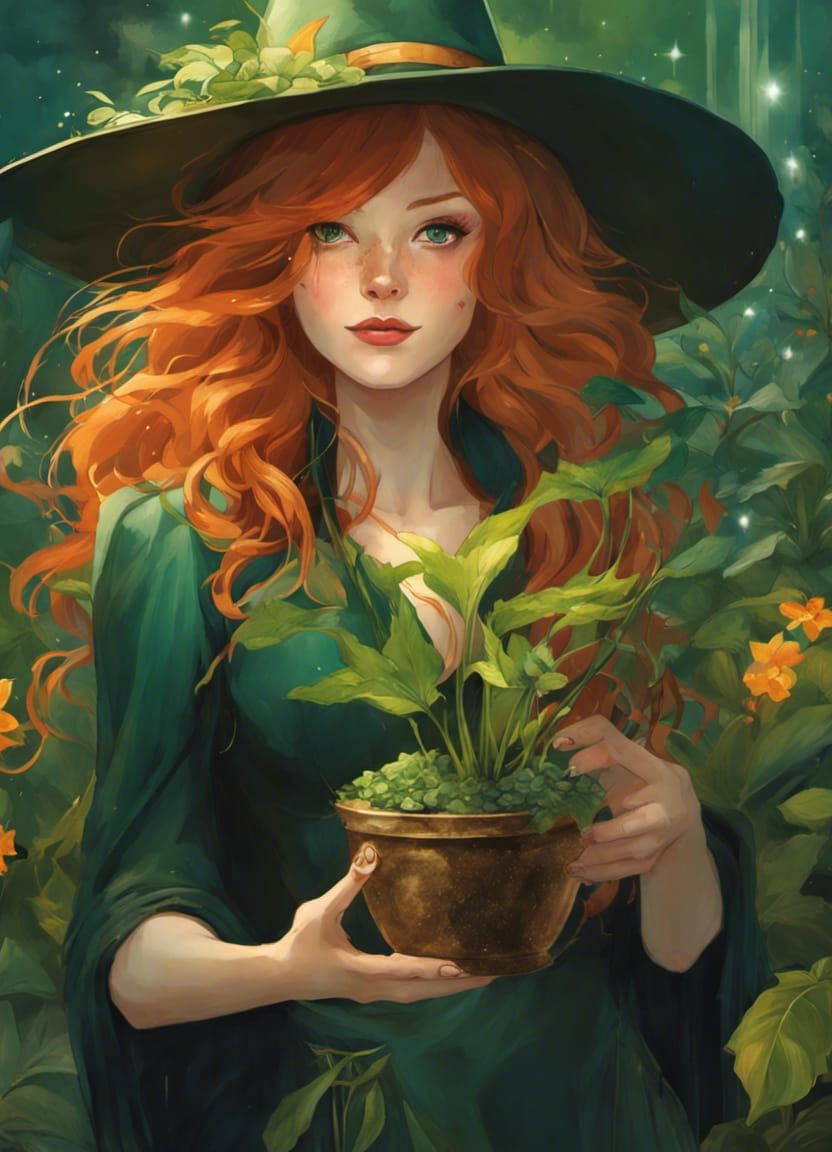 Garden Witch with Magic Plant in Floral Setting