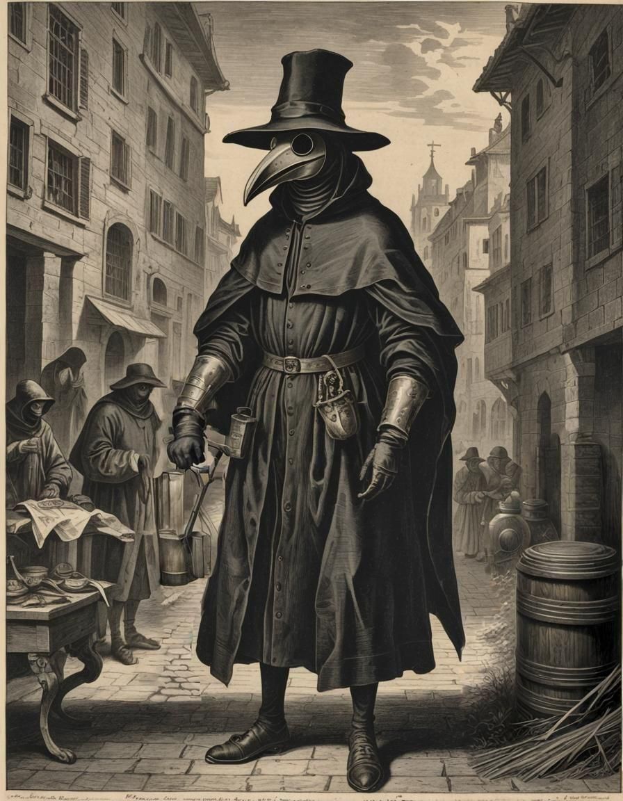 Plague Doctor in Medieval Town: Engraving Style