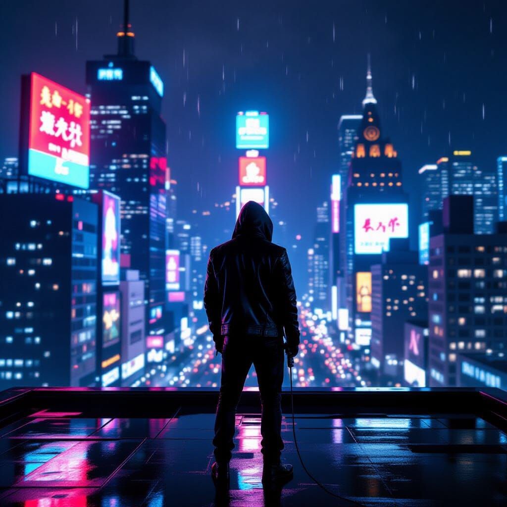Rapper on Rooftop in Neon Cityscape