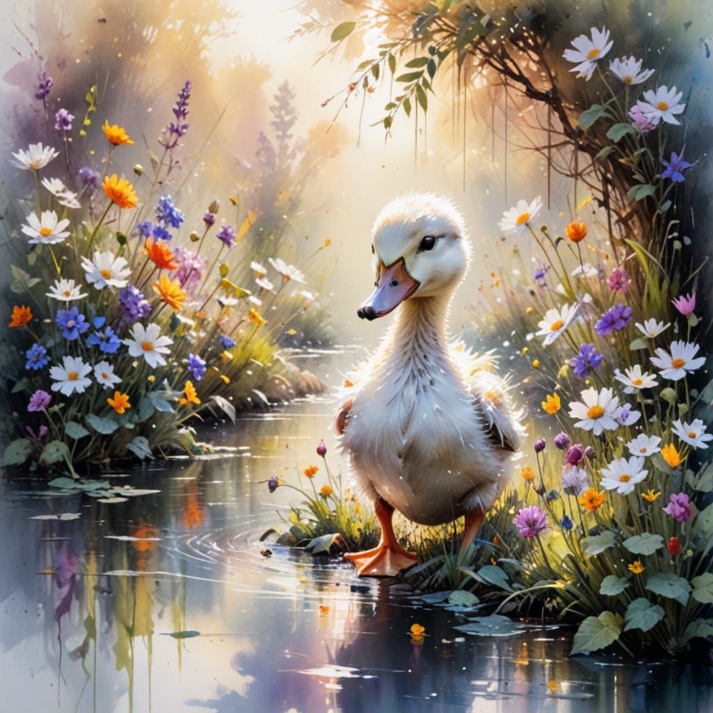 Vibrant Garden Scene with Playful Duckling in Watercolour St...