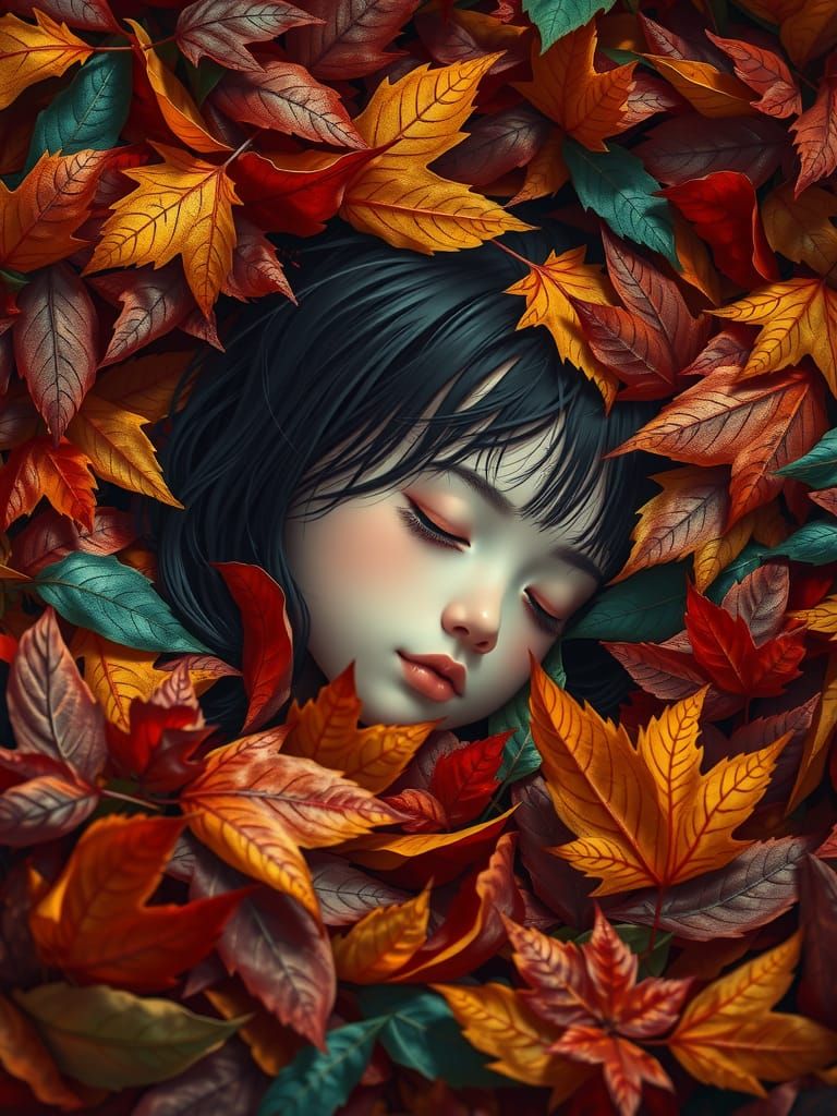 Anime Portrait of Girl Sleeping in Autumn Leaves