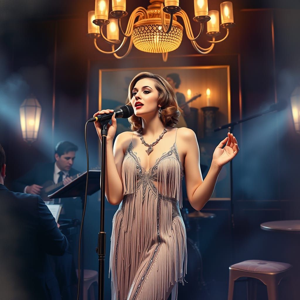 Aphrodite as 1920s Jazz Singer in Art Deco Speakeasy