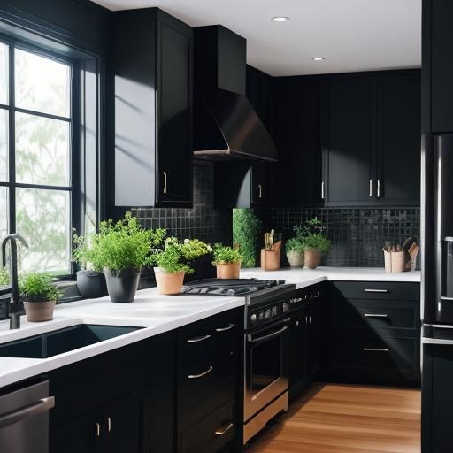 Modern Black Kitchen with Plants: Professional Photography