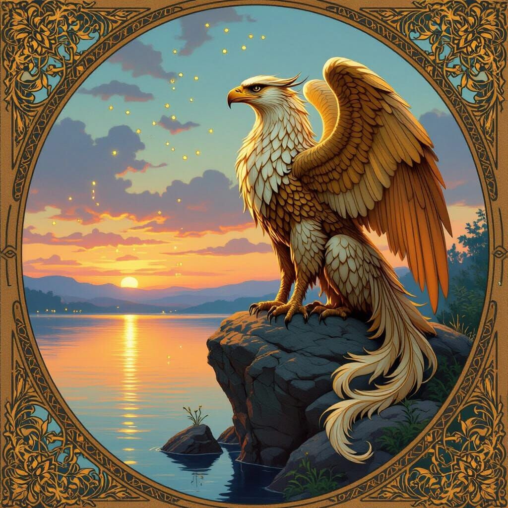 Golden Griffin Over Serene Lakeside Scene in Art Nouveau Sty...