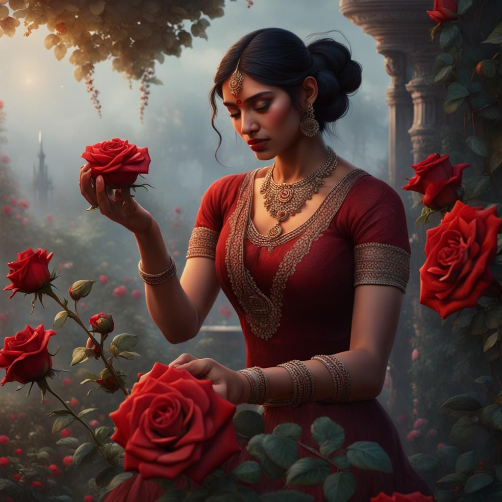 Indian Women in Rose Garden: Detailed Matte Painting