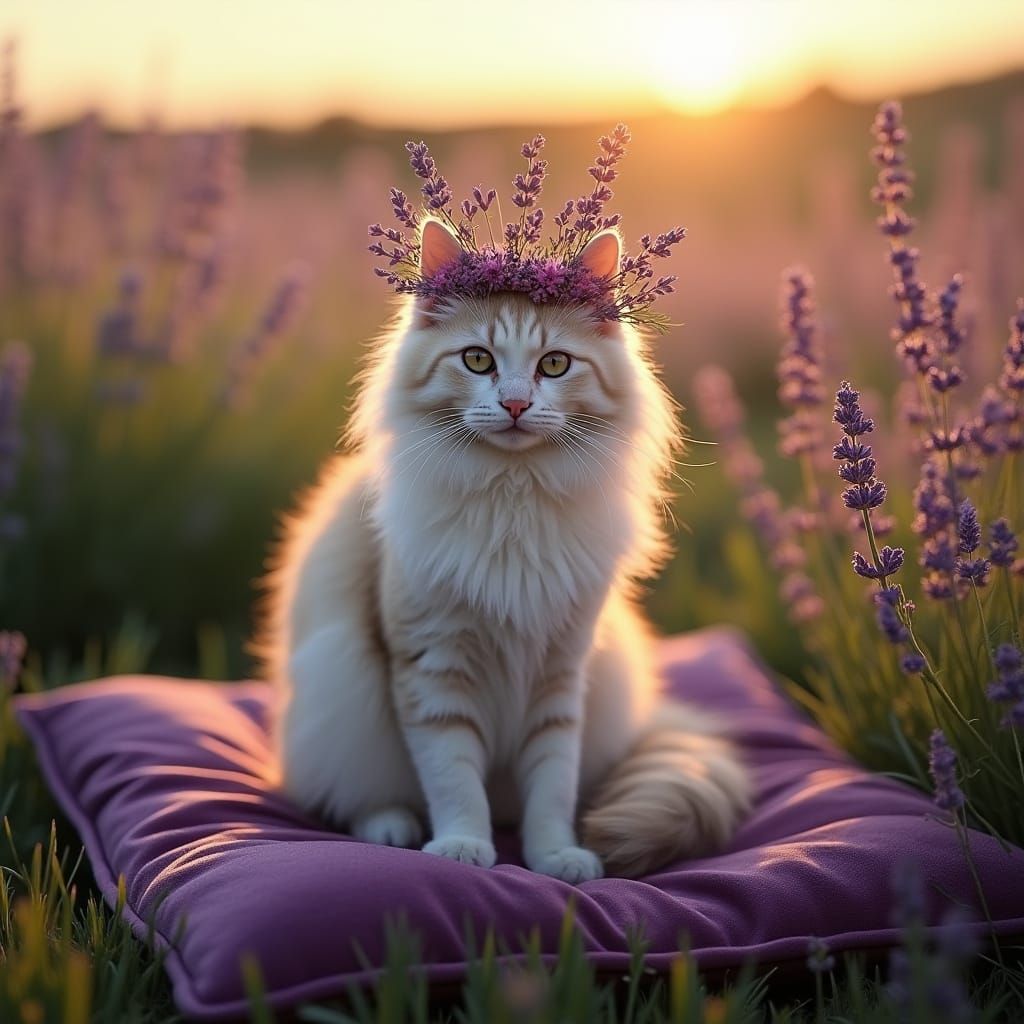Regal Turkish Angora Cat Surrounded by Lavender