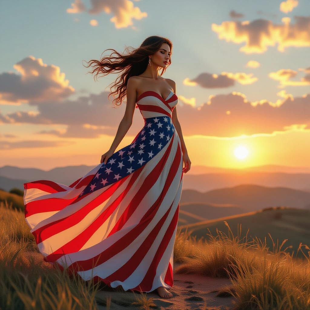 American Flag Woman on Hilltop in Fantasy Realism