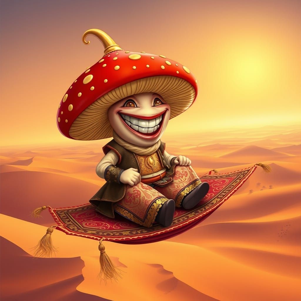 Mushroom Genie on Magic Carpet Soaring Over Desert