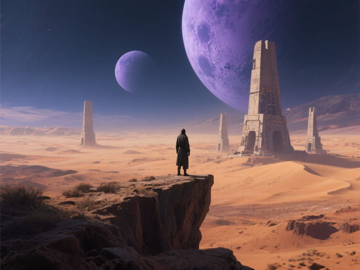 Alien Desert Landscape with Twin Moons