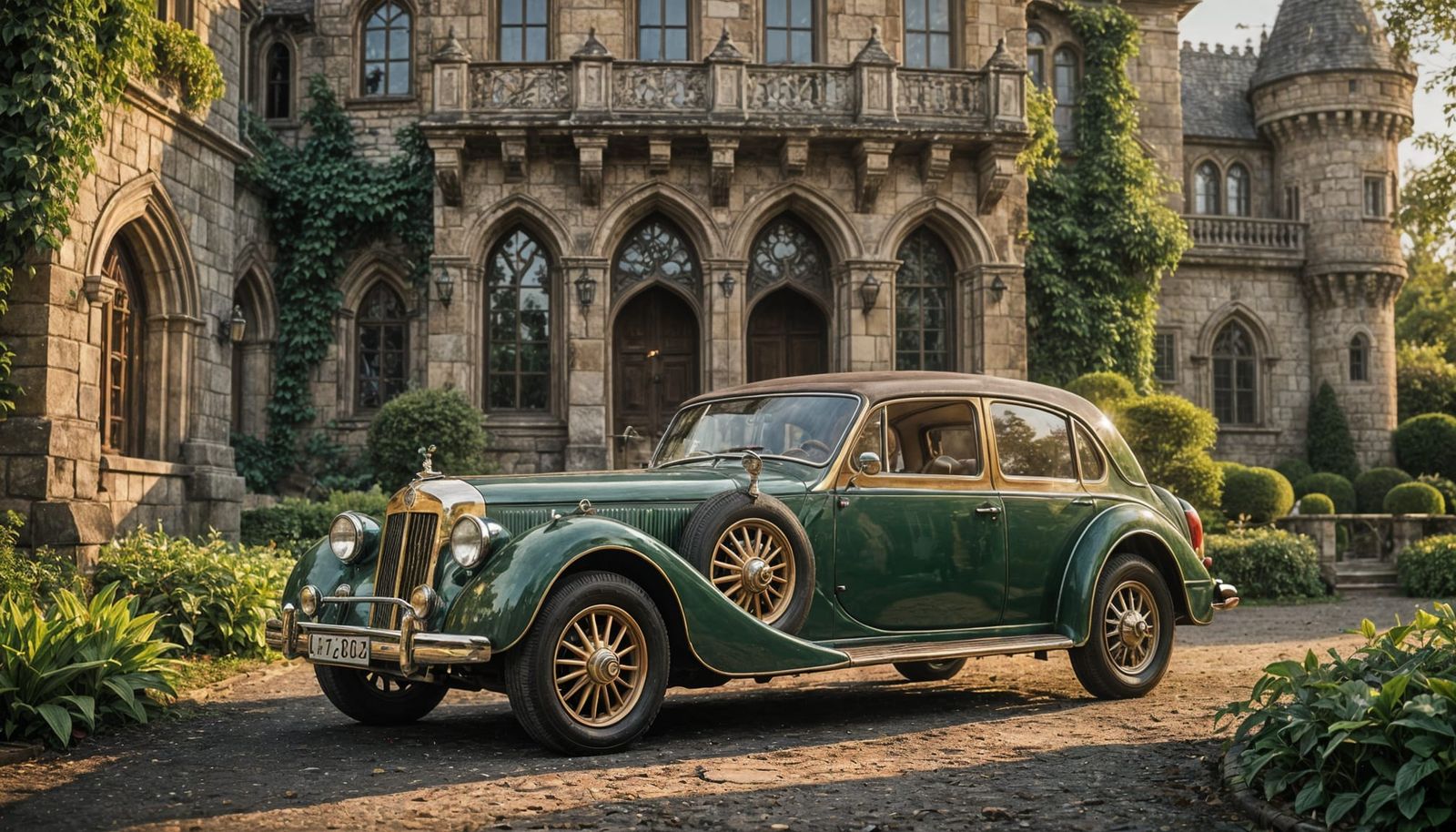 Luxurious Antique Car in Fairy Tale Setting