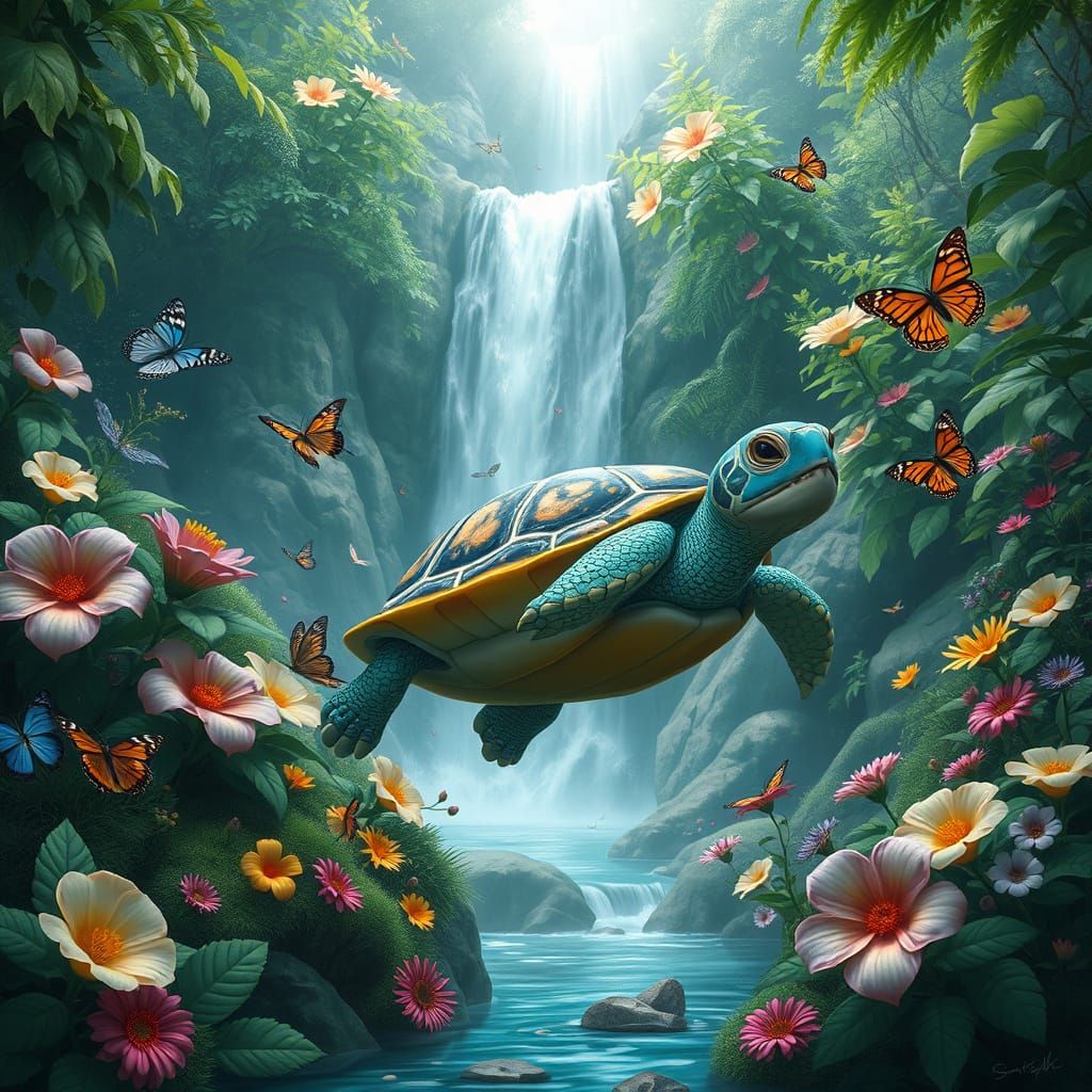 Turquoise Turtle in Lush Forest: Delicate Realism