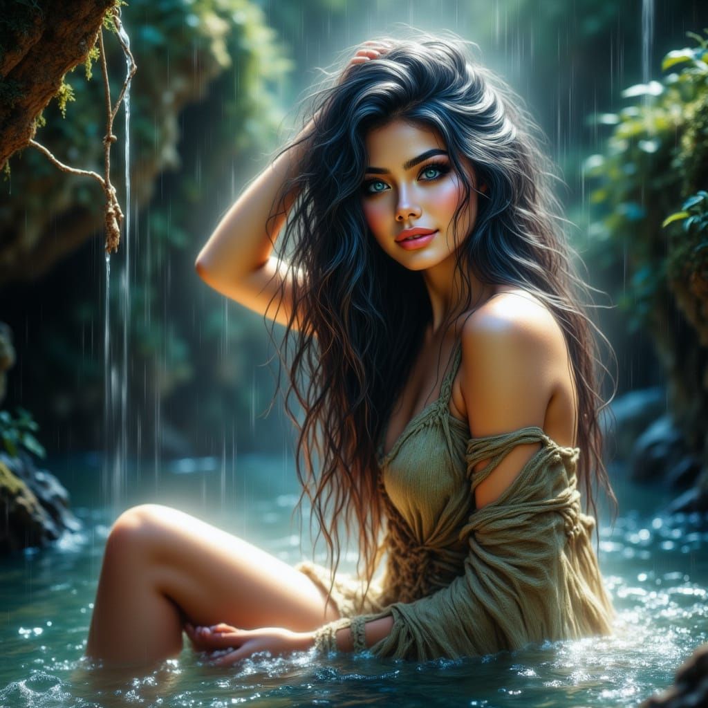 Beautiful Elf Woman Showering in Natural Grotto