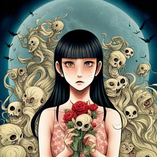 Scary Horror Girl in Manga Style with Monsters