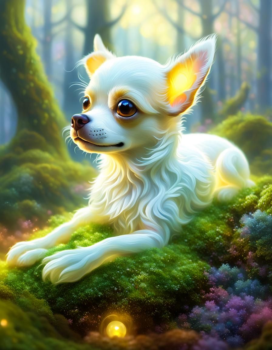 Glass Chihuahua in Misty Forest: Ethereal Fantasy Art