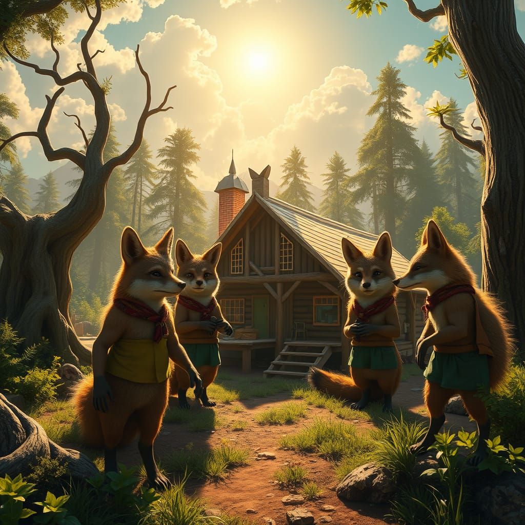 Whimsical Coyote Kindergarten in Enchanted Forest Landscape