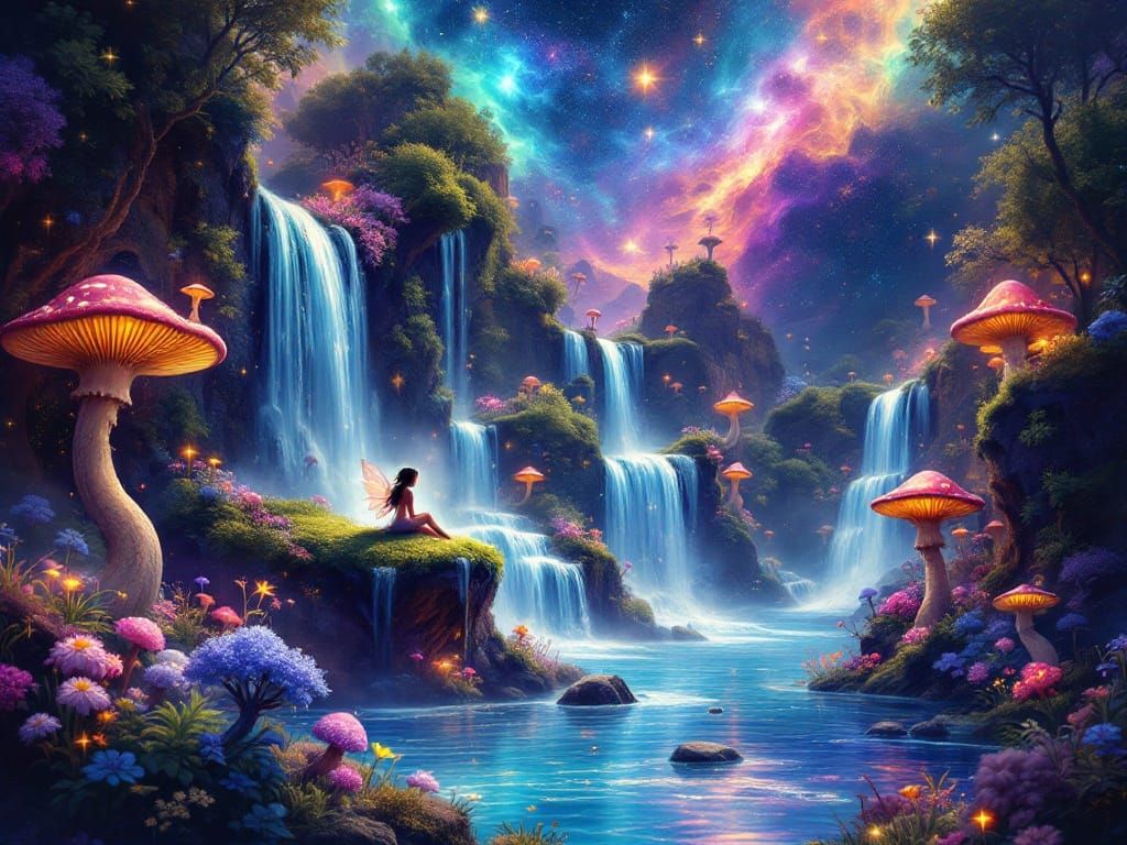 Majestic Bioluminescent Waterfalls in a Surreal Galaxy Lands...