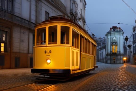 Yellow Tram on Lisbon Street at Night
