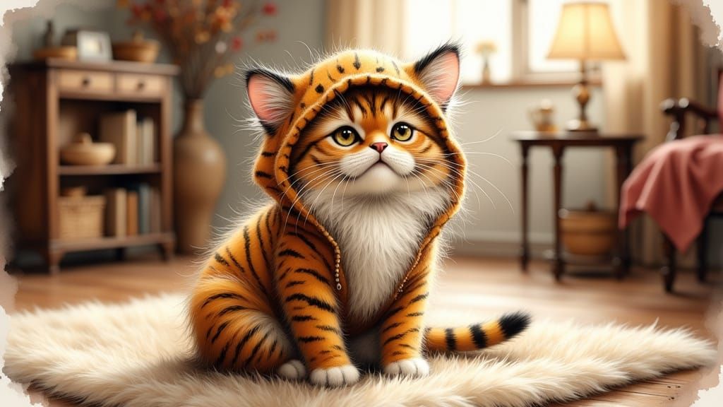 A fluffy house cat meticulously dressed in a miniature, ill-...