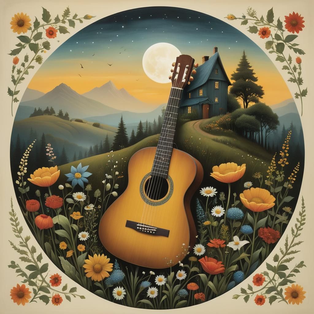 Guitar, Wildflowers and Cottage: Romantic Landscape
