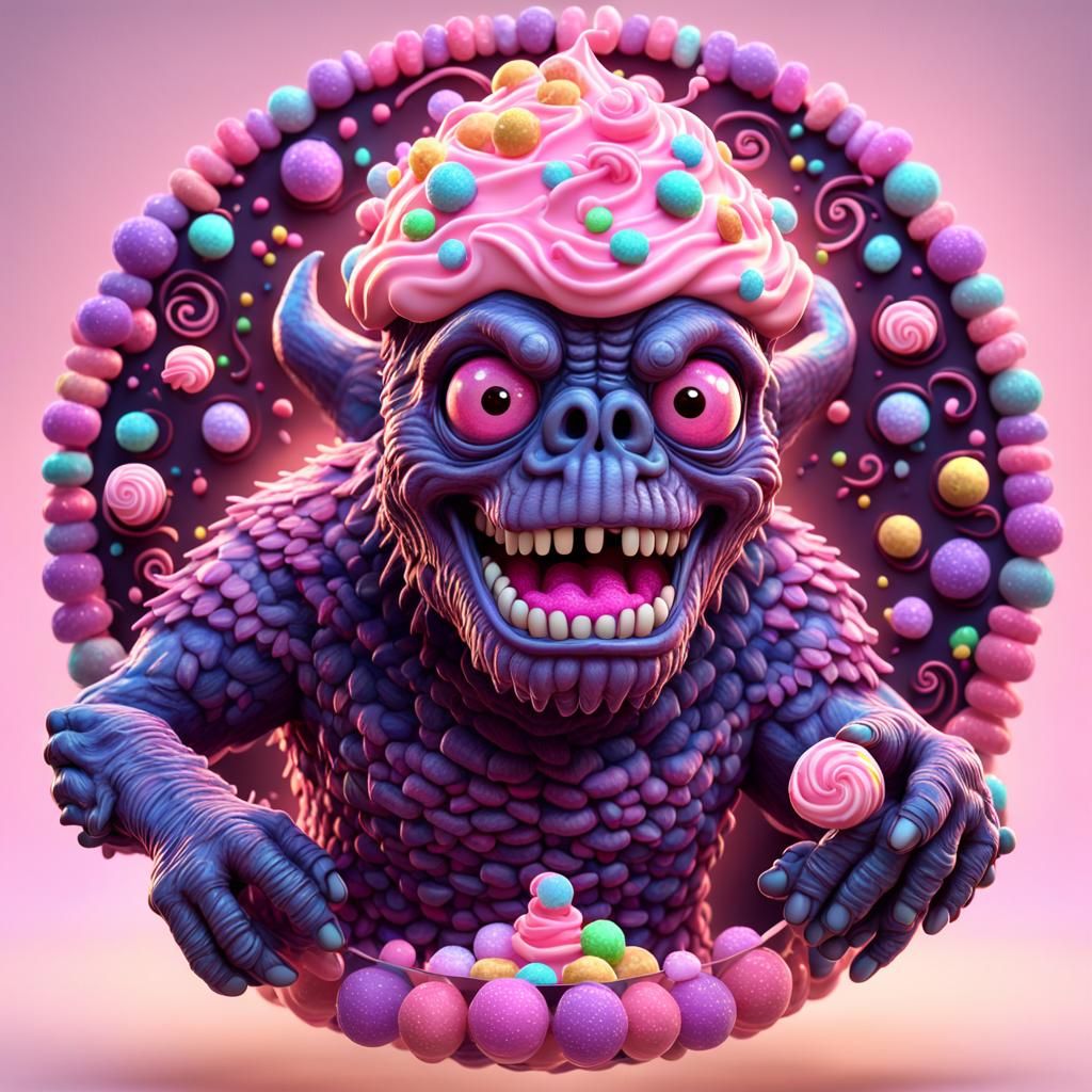 Luminescent Candy Monster Portrait in Disney Cartoon Style