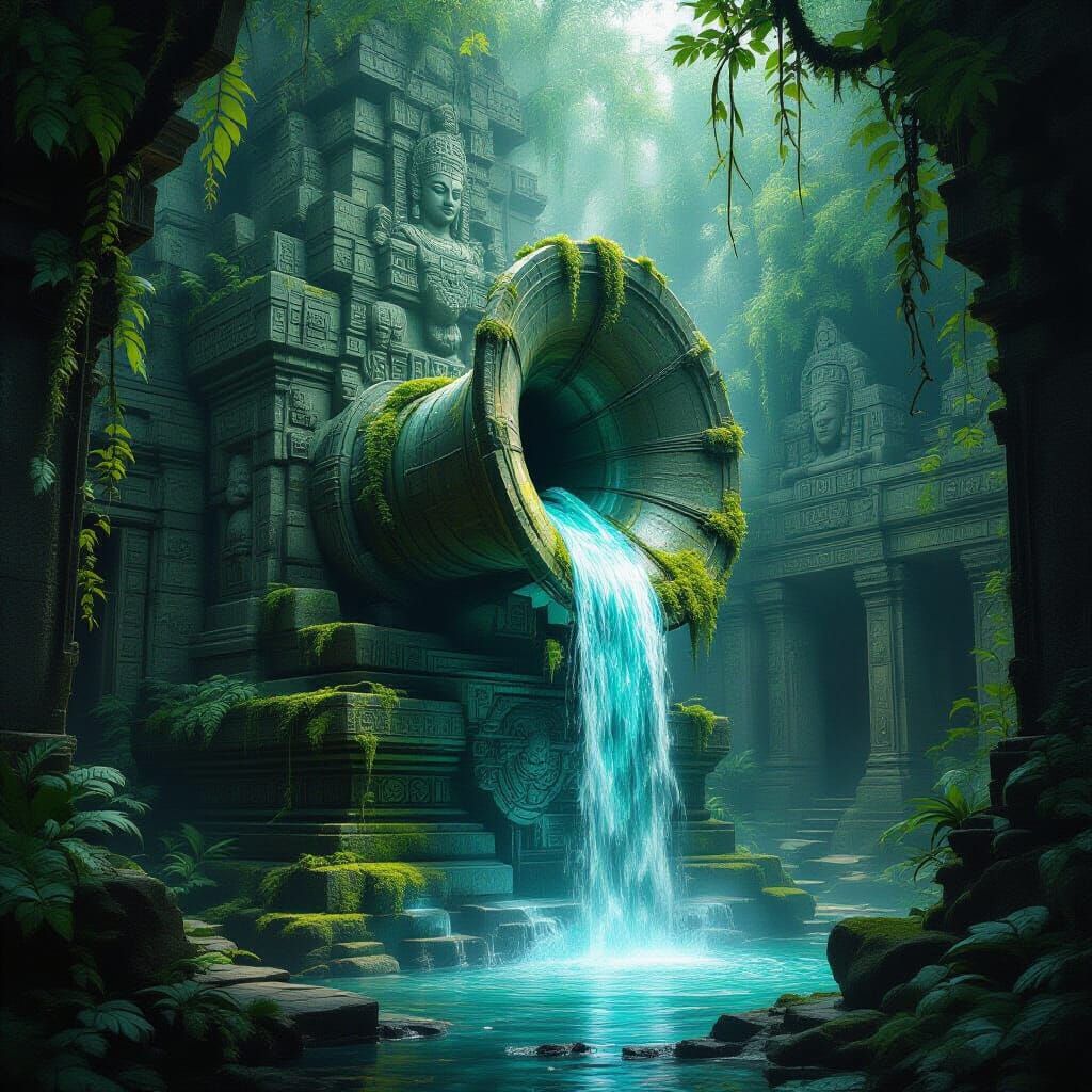Ancient Jungle Gramophone Temple with Ethereal Waterfall