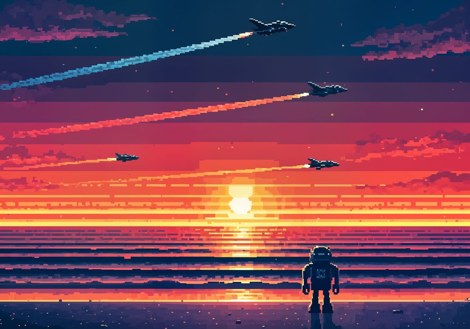 Pixelated Sunset Landscape with Robot Silhouette