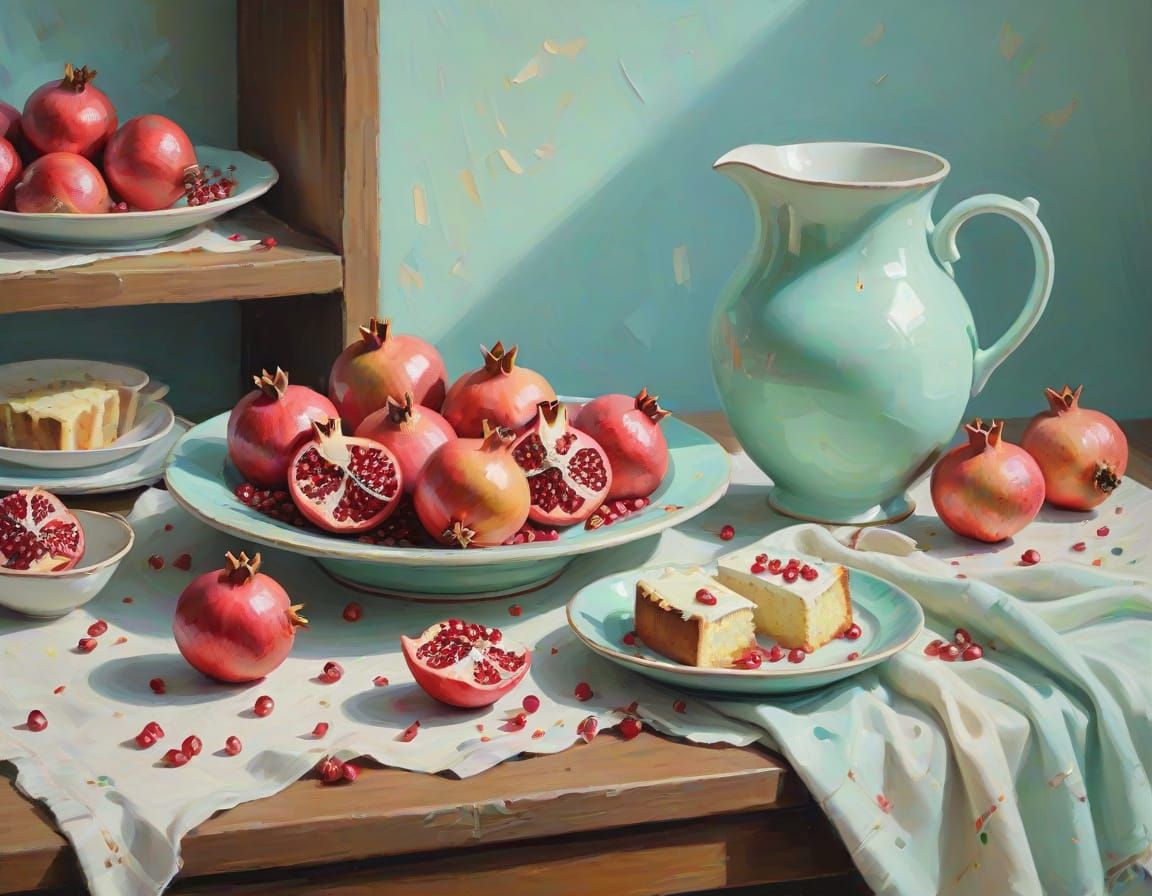Impressionist Acrylic Still Life: Pomegranates, Cake, and Te...
