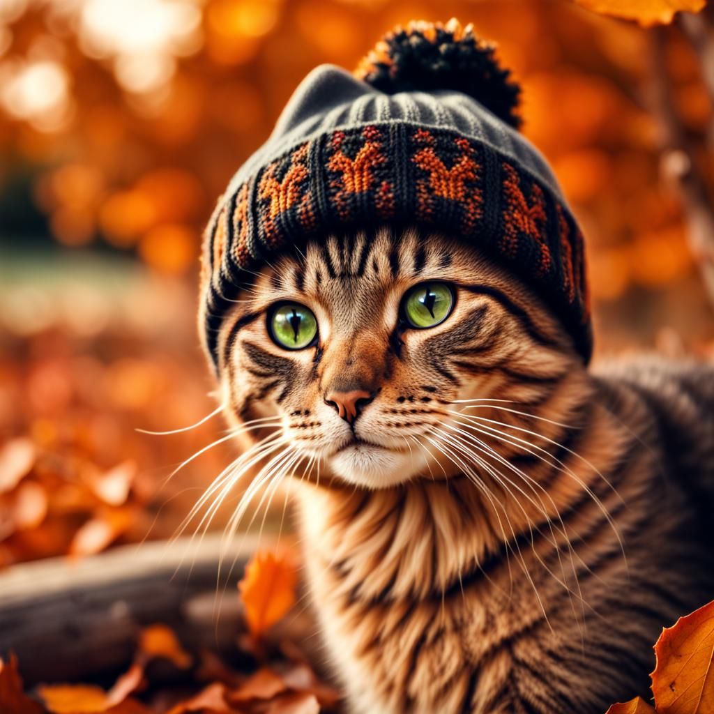 Cute Autumn Cat in Fall Colors, Hyperrealistic