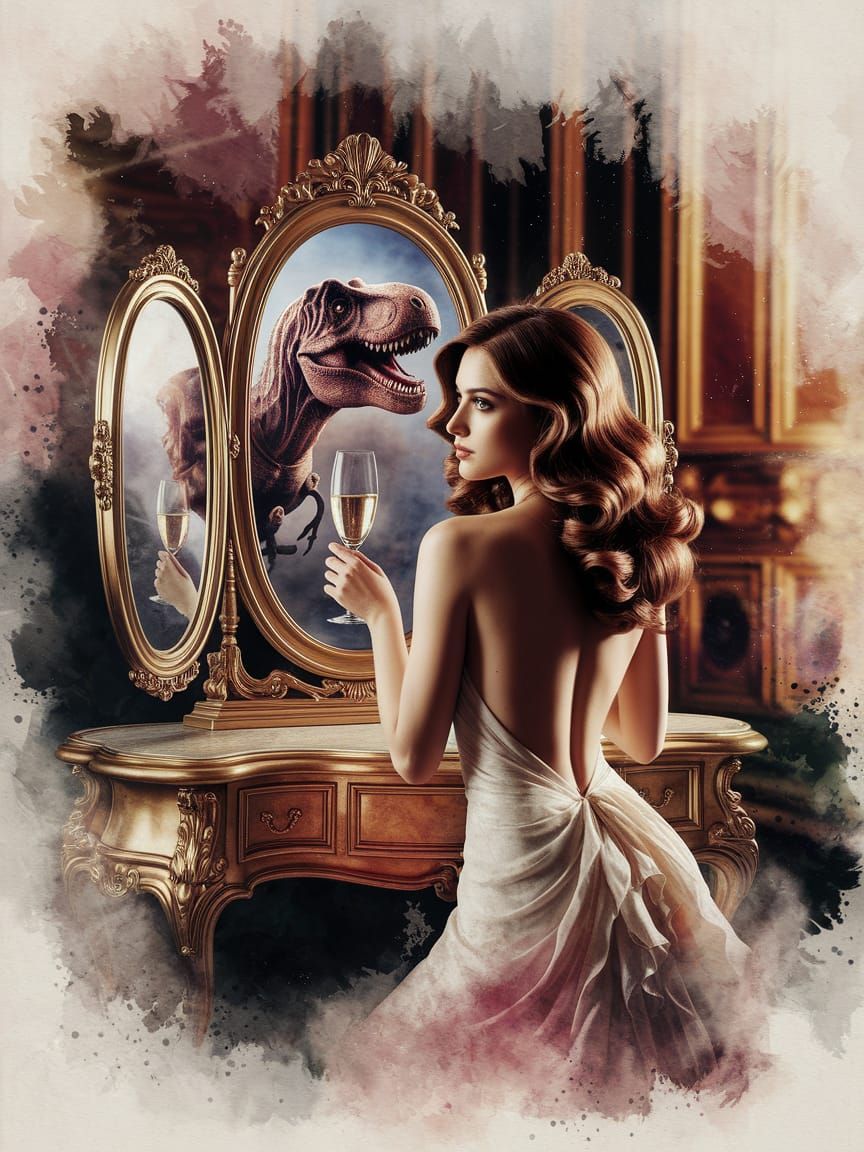 Elegant Woman and Dinosaur Double Exposure in Watercolor Sty...