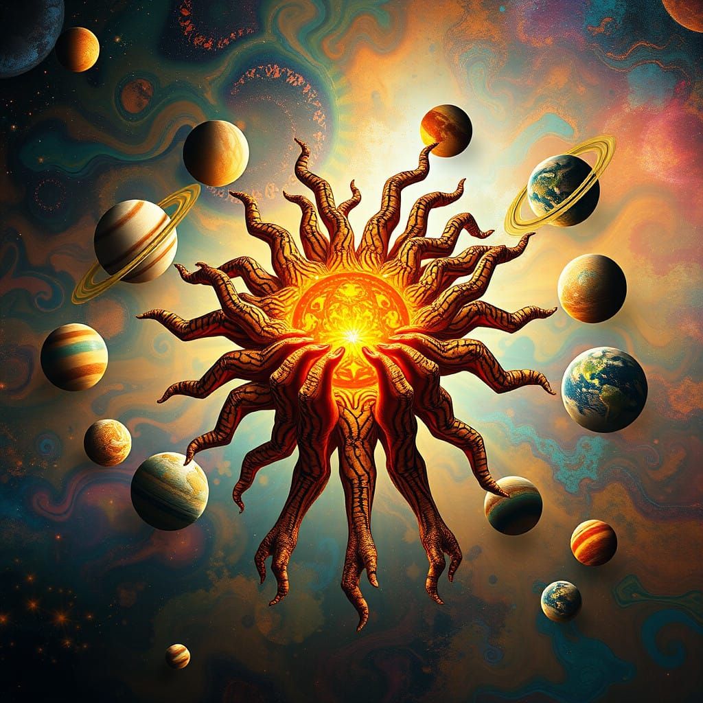 Fingerpunk Solar System with Radiant Sun and Surreal Planets