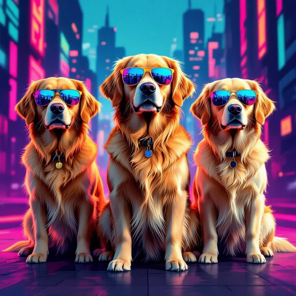 Five Cool Golden Retrievers in Sunglasses with Cityscape