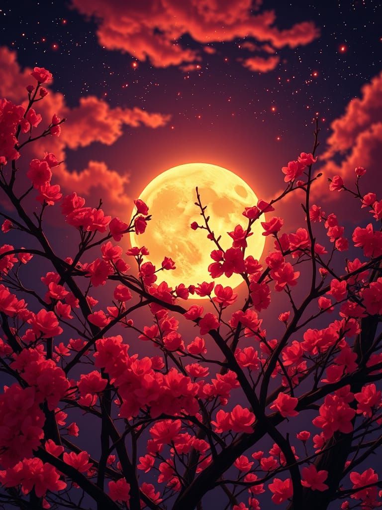 Anime Night Scene: Crimson Blossoms Under Golden Moon