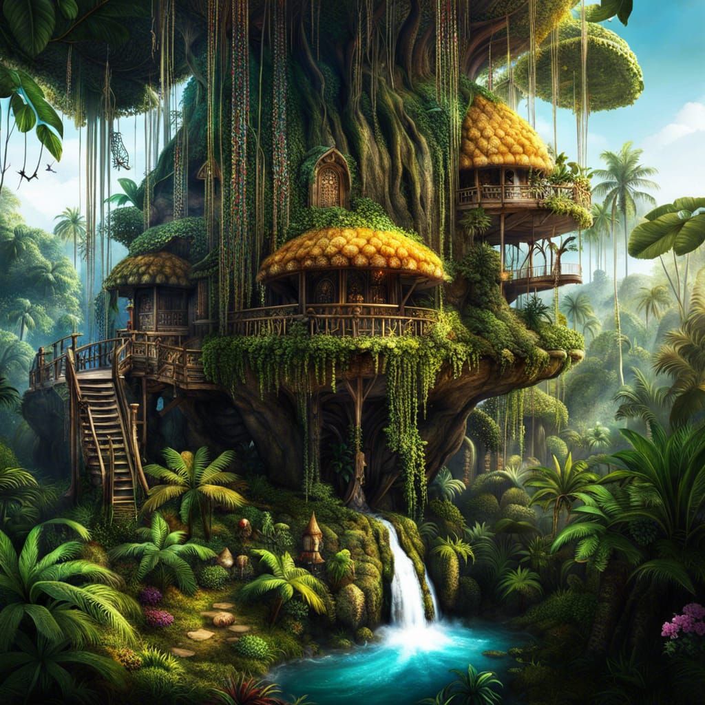 Elven Treehouse in Lush Jungle Waterfall Forest