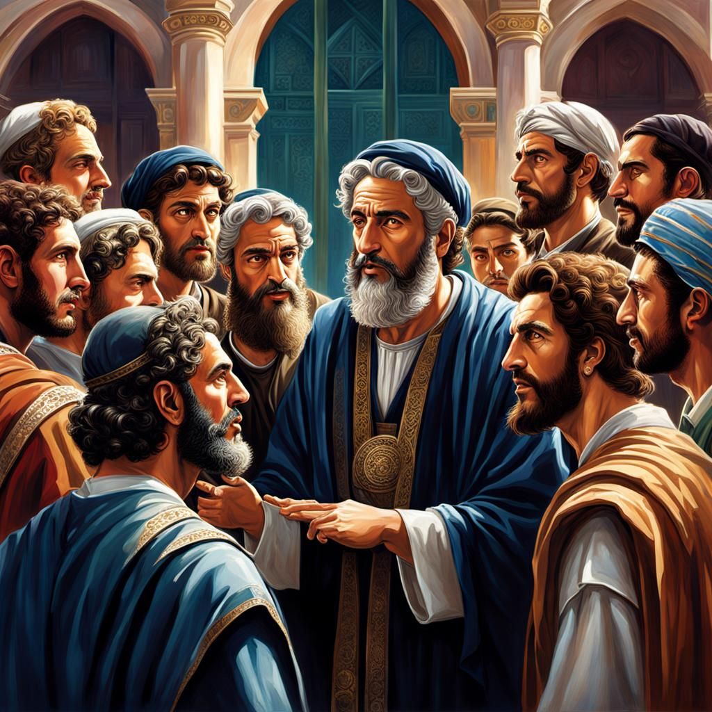 Debate Outside Synagogue: Hyperrealistic 1st Century Scene