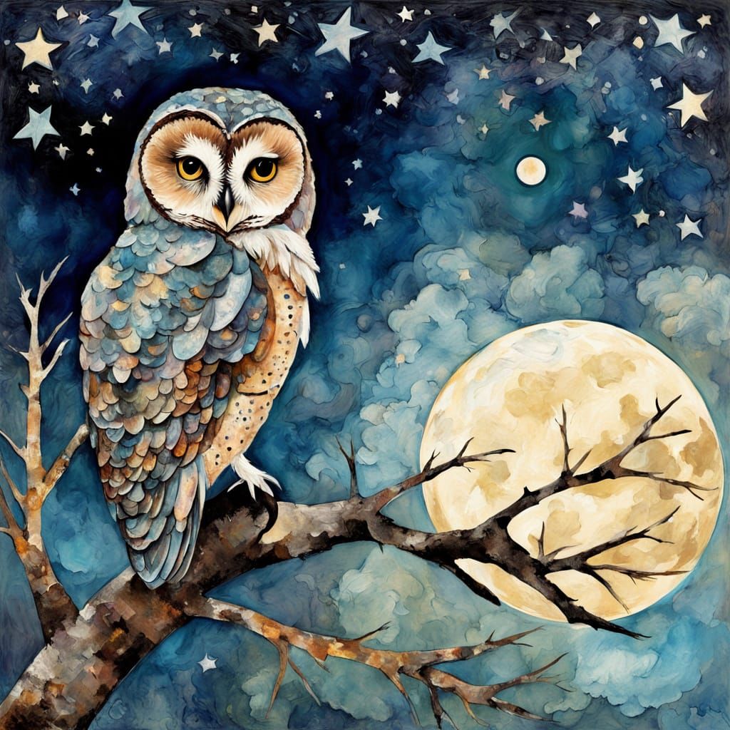 Spotted Owl Paper Collage in Arthur Rackham Style