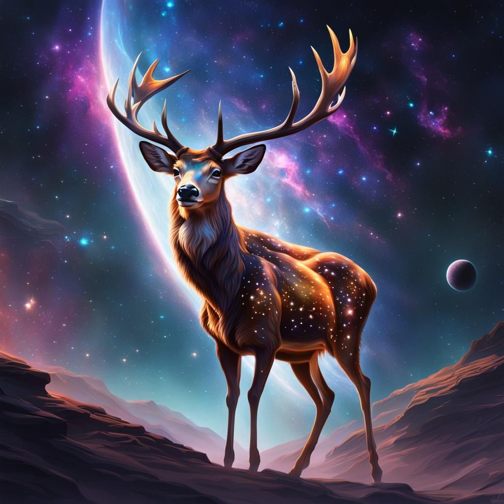 Cosmic Deer in Space Acrylic Concept Art