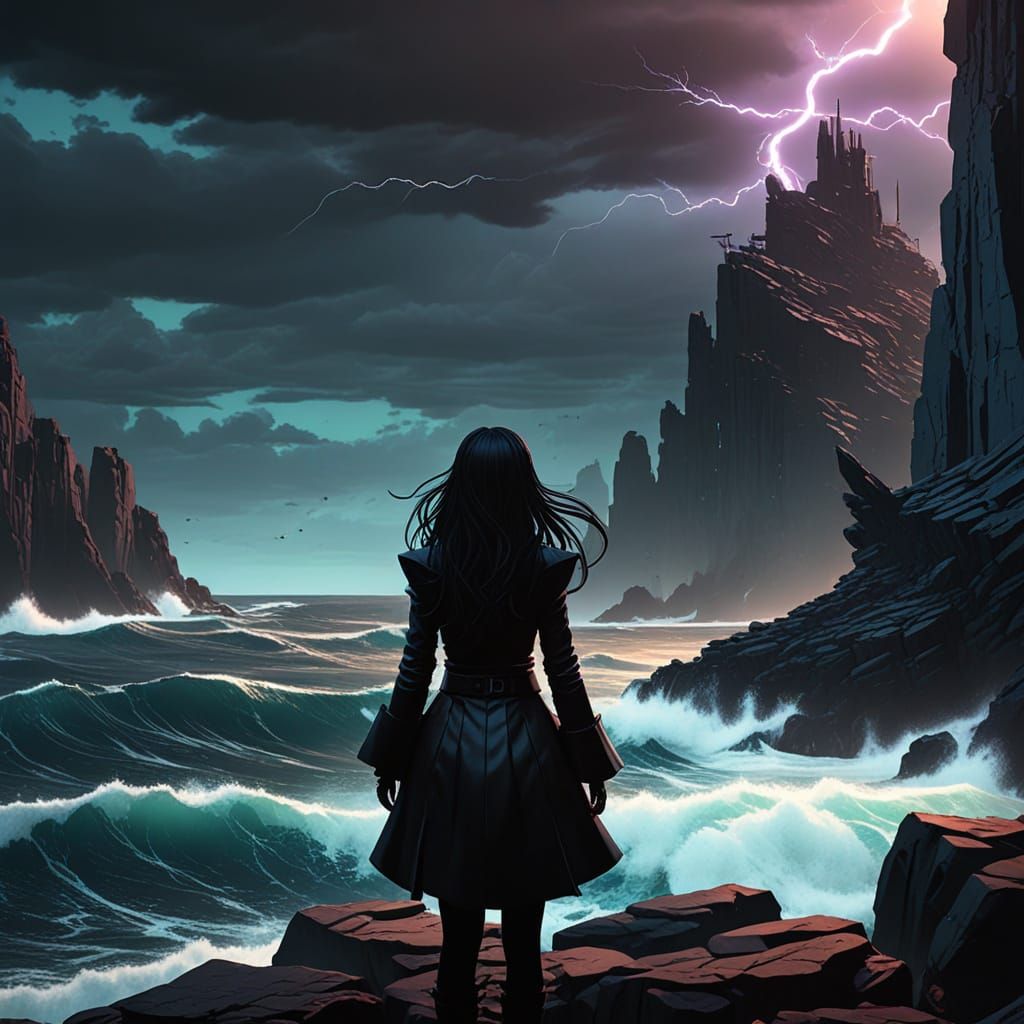 Goth Girl Gazing at Stormy Sea in Anime Style
