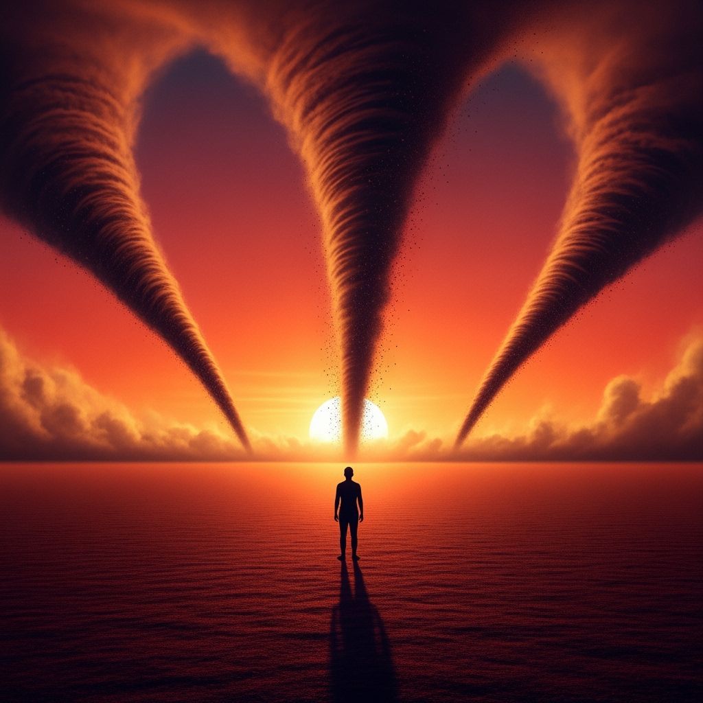 Surreal Desert Sunset with Colossal Dust Funnels