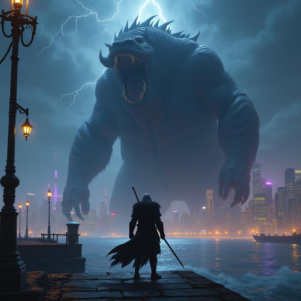 Geralt Prepares to Battle Kaiju in Dark Fantasy Art