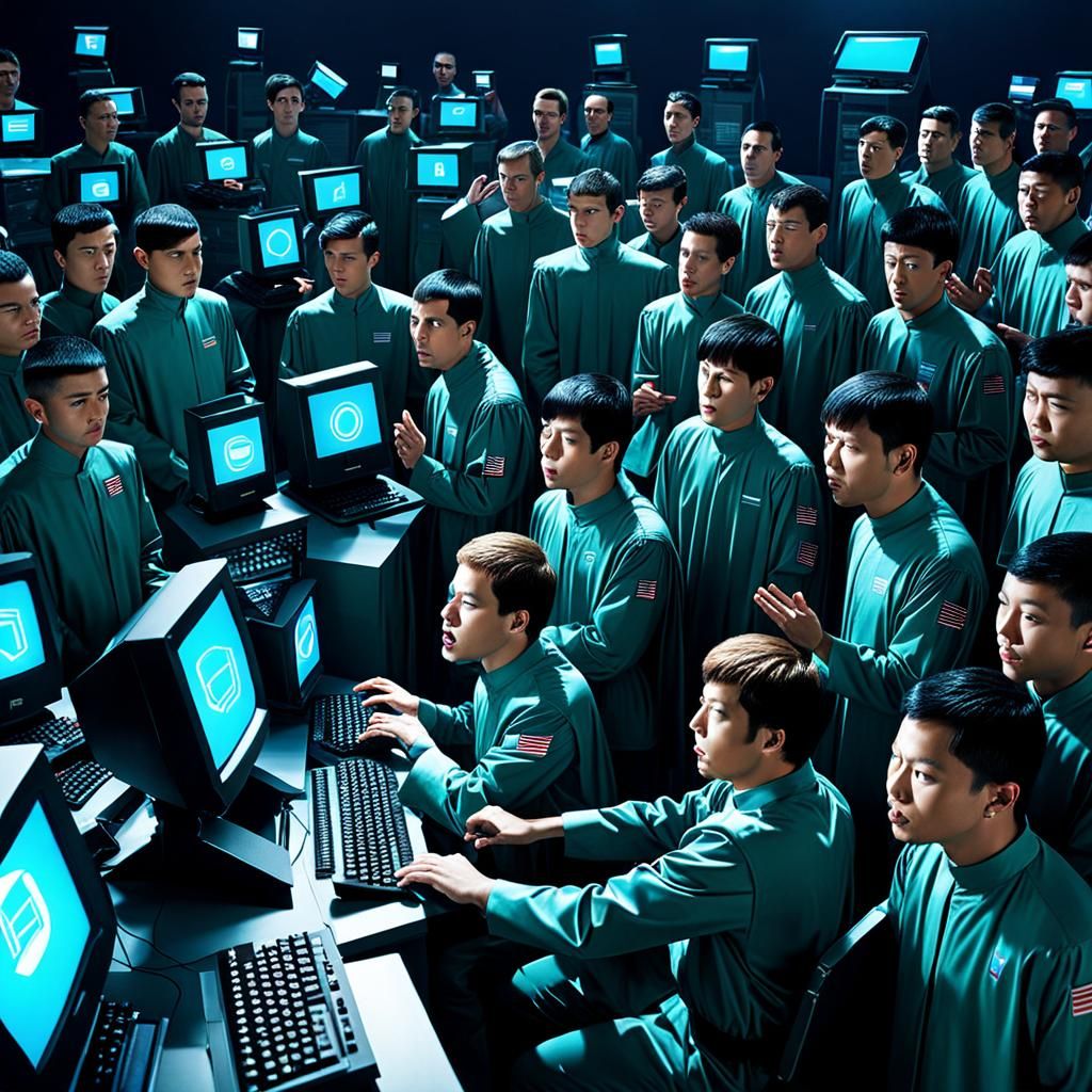 Futuristic Figures Worshipping Computers