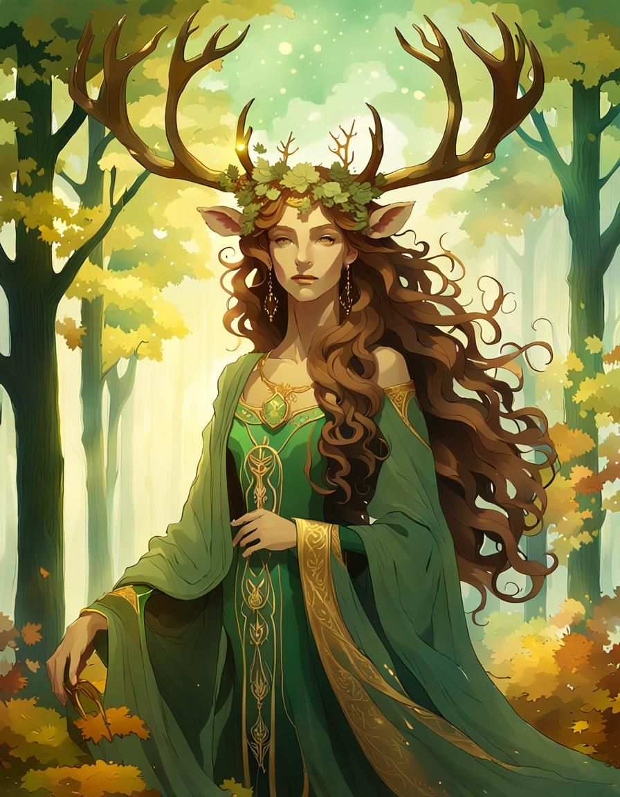 Deer Goddess in Art Nouveau Style